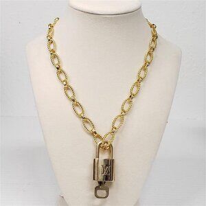 Authentic Louis Vuitton Gold Padlock w/ unbranded Geometry Stainless Steel Chain